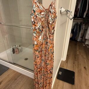 Anthropologie Orange Red Spaghetti Strap Maxi Gown